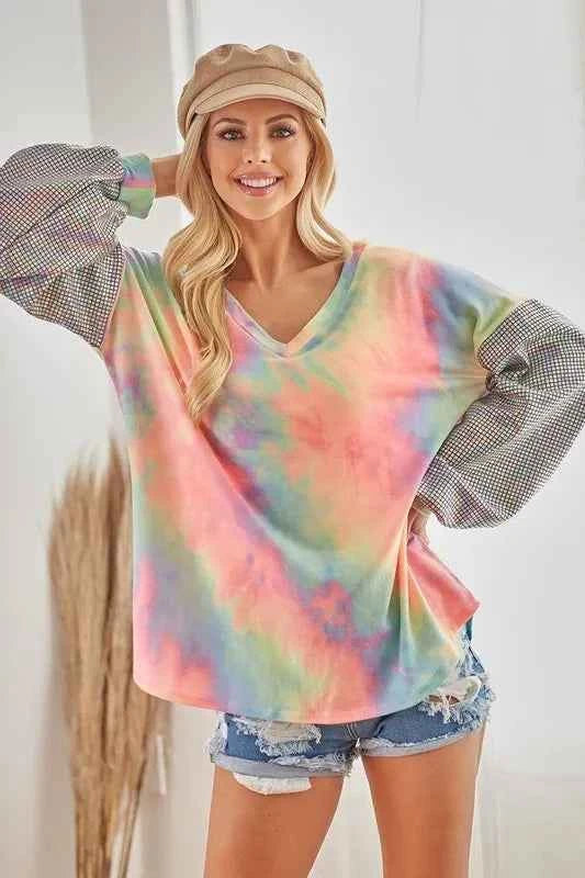 V Neck Tie Dye French Terry Top with Shiny a13dbac077134c498b6fec9f8d7241c2-Max-Origin