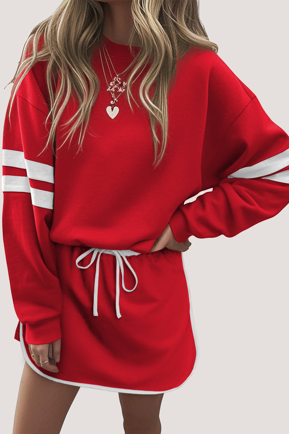Tillandsia Purple Varsity Stripe Detail Drop Shoulder Pullover Mini Skirt Set a13f0c6d5831c5cb