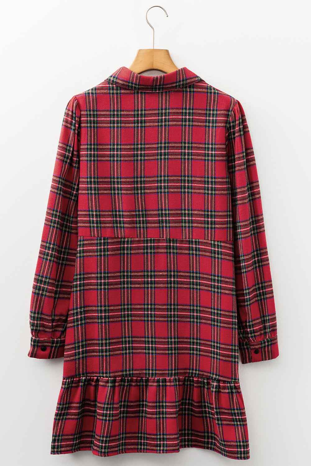 Red Plaid Shirt Collar Half Button Ruffle Hem Long Sleeve Mini Dress a140d0e52ffe9f73