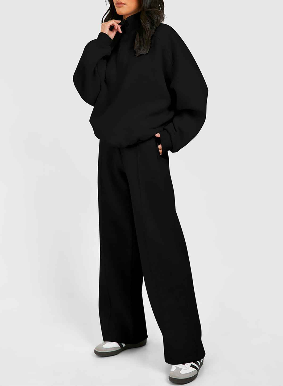 Burgundy Drop Shoulder Zip Up Jacket Drawstring Pants Active 2pcs Set Black 50%Polyester+50%Cotton a143250f4980f4f9