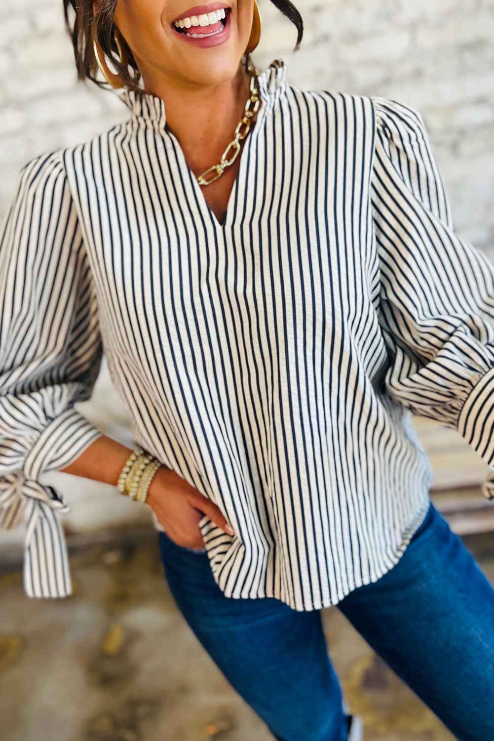 Black Stripe Frill V Neck Knot Cuffs Blouse Black Stripe 60%Polyester+35%Cotton+5%Elastane a14391ed84ff0dac