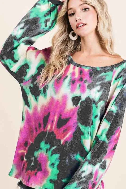 Tie Dye Print Terry Top with Puff Sleeves FUCHSIA CHARCOAL a1441914d1724efd834498a8903df709-Max-Origin