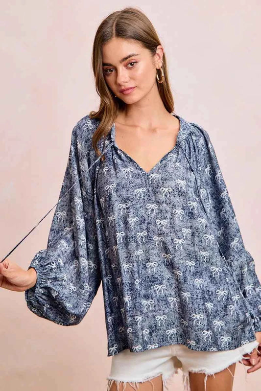 Ribbon Bow Print Exaggerated Balloon Sleeves Top a14562a44c484077bdbd4c86abd6460e-Max-Origin