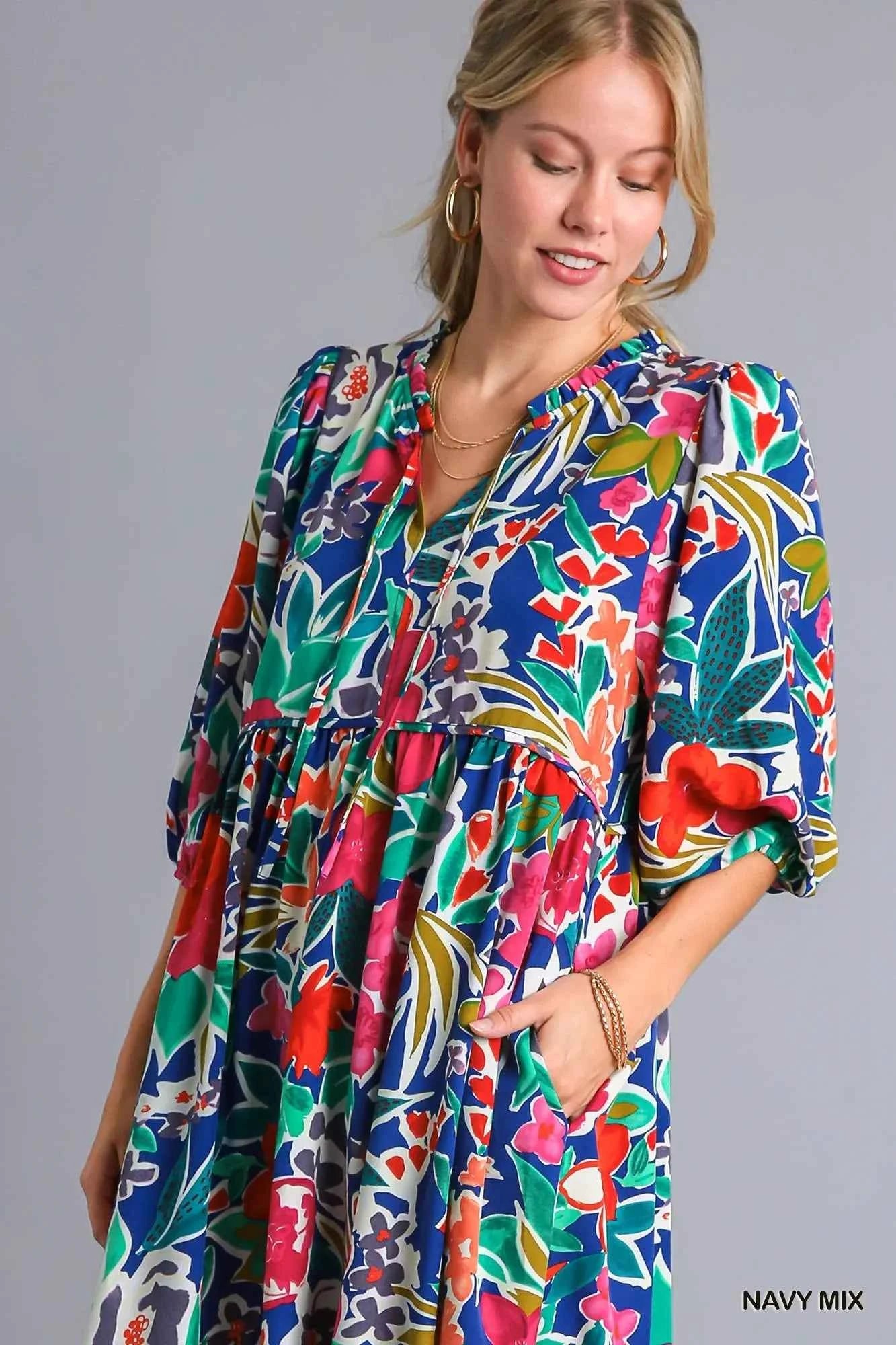 Umgee Floral Print Tie Neck Midi Dress with Pockets