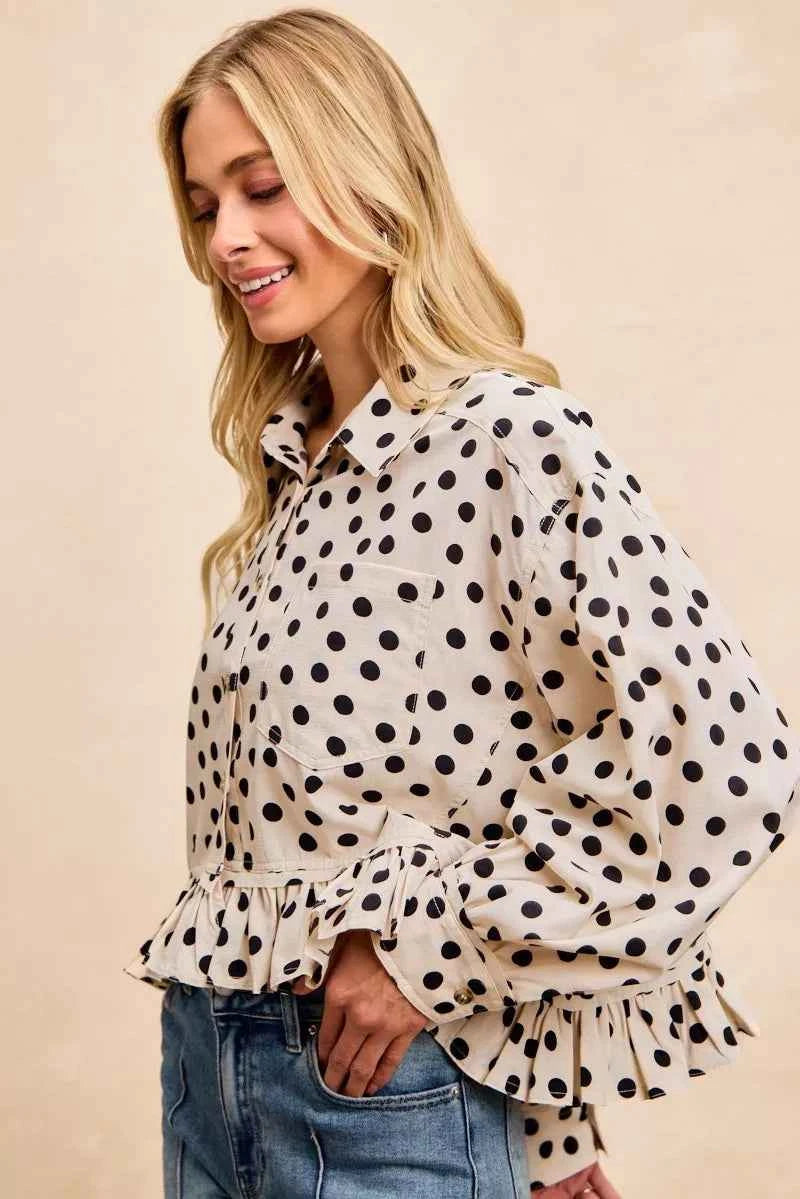 BiBi Crinkle Polka Dot Ruffled Hem Button Up Shirt Top a14c5f76ba24457aab3a76bd9cdac967-Max-Origin