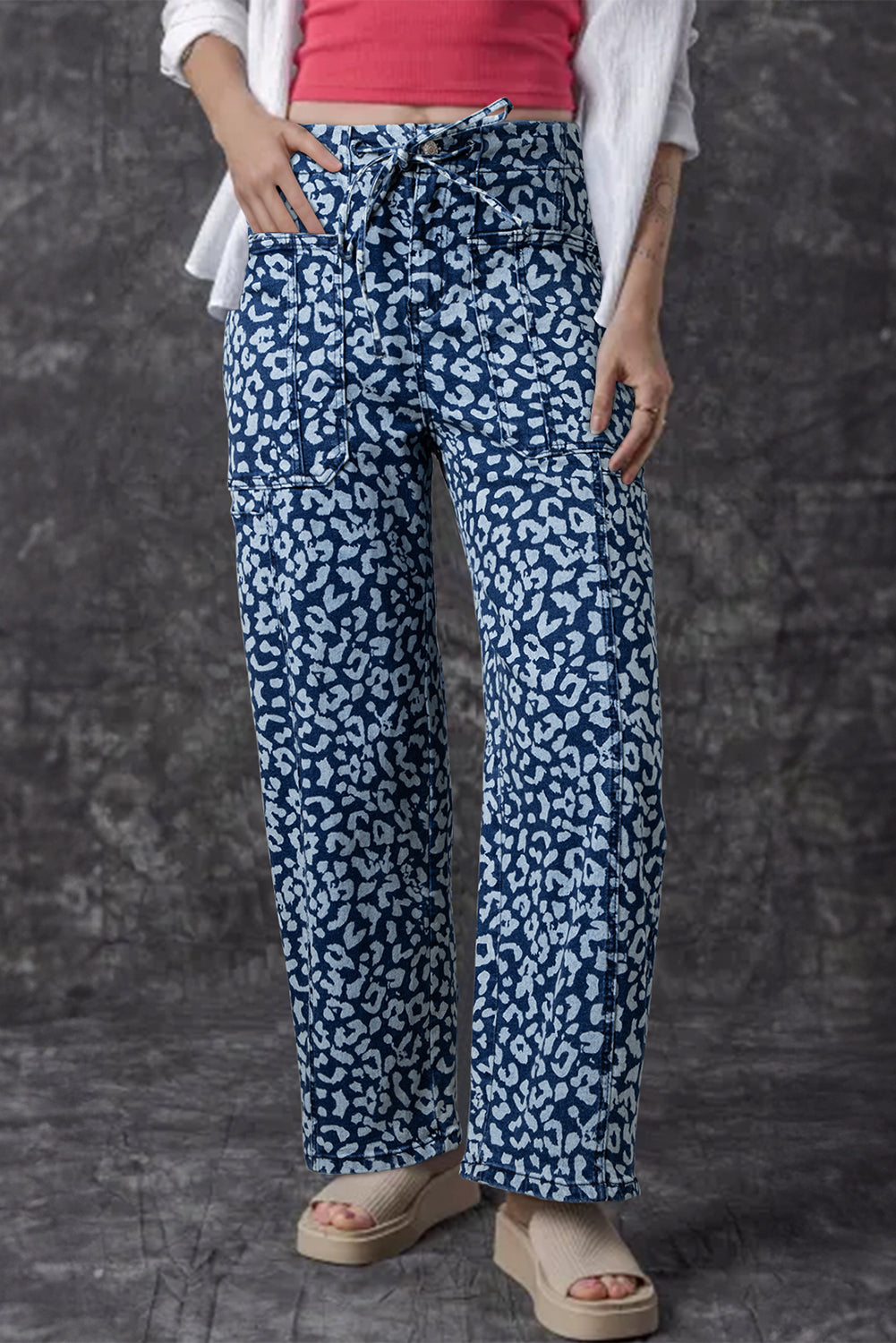 Khaki Leopard Print Drawstring Waist Pocketed Wide Leg Jeans Blue 65%Cotton+33%Polyester+2%Elastane a1556a29afc46d77