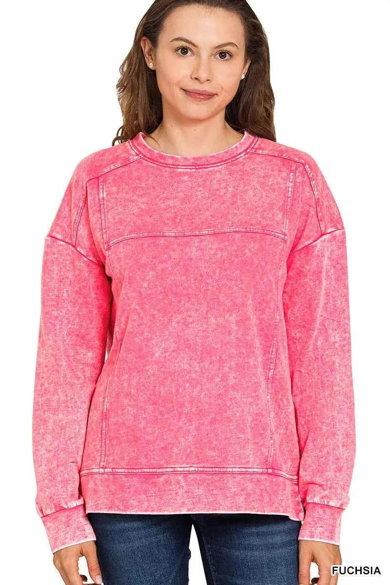 Zenana Acid Wash French Terry Exposed-Seam Pullover FUCHSIA a15a46f07f8c4bd1b7162f8aeda272da-Max-Origin