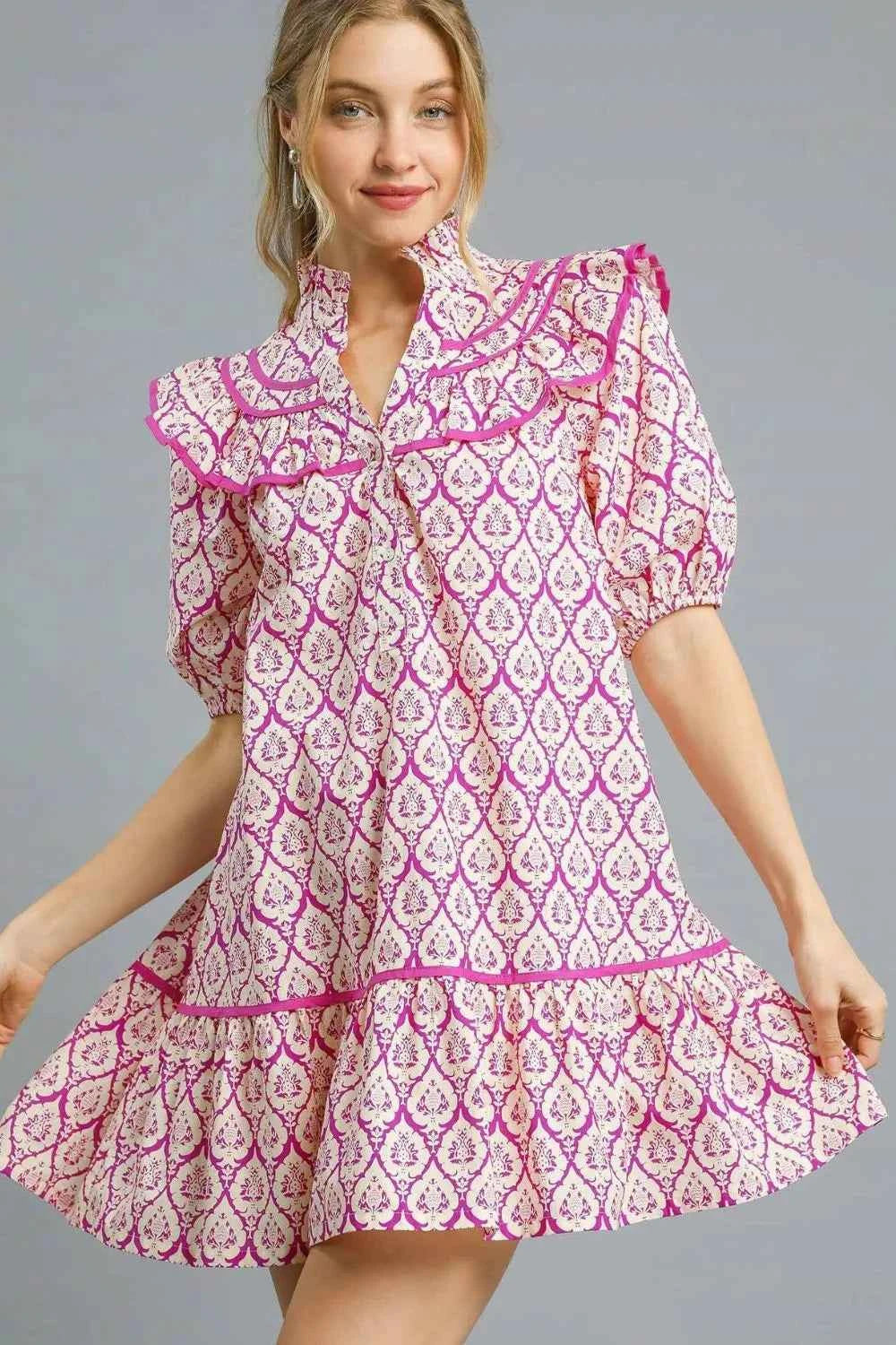 Umgee Ruffled Printed Puff Sleeve Mini Dress Red-Violet a15ae486-0f47-4e55-9630-0e14e5cef08f-Max-Origin
