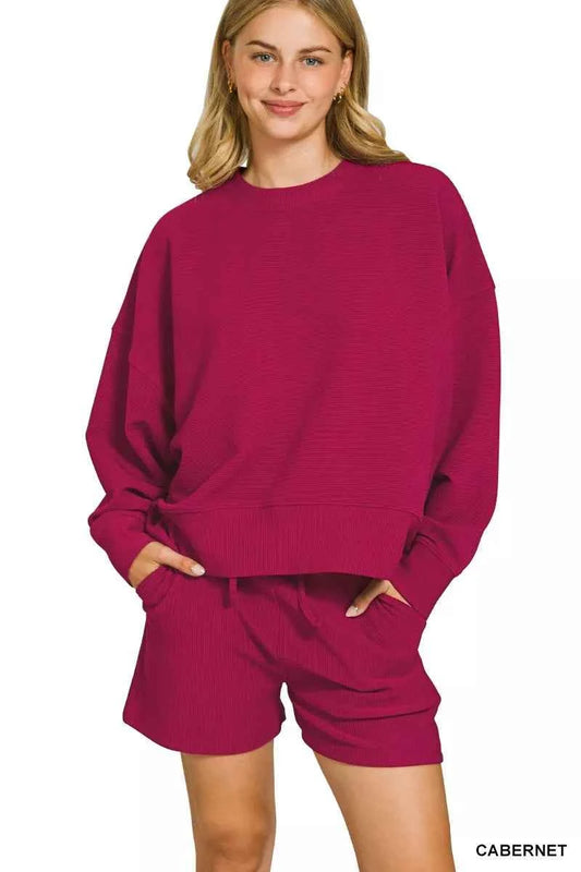 Zenana Ribbed Round Neck Pullover and Shorts Set CABERNET a15ba23a5ed8470084e8dd944f42daf4-Max-Origin