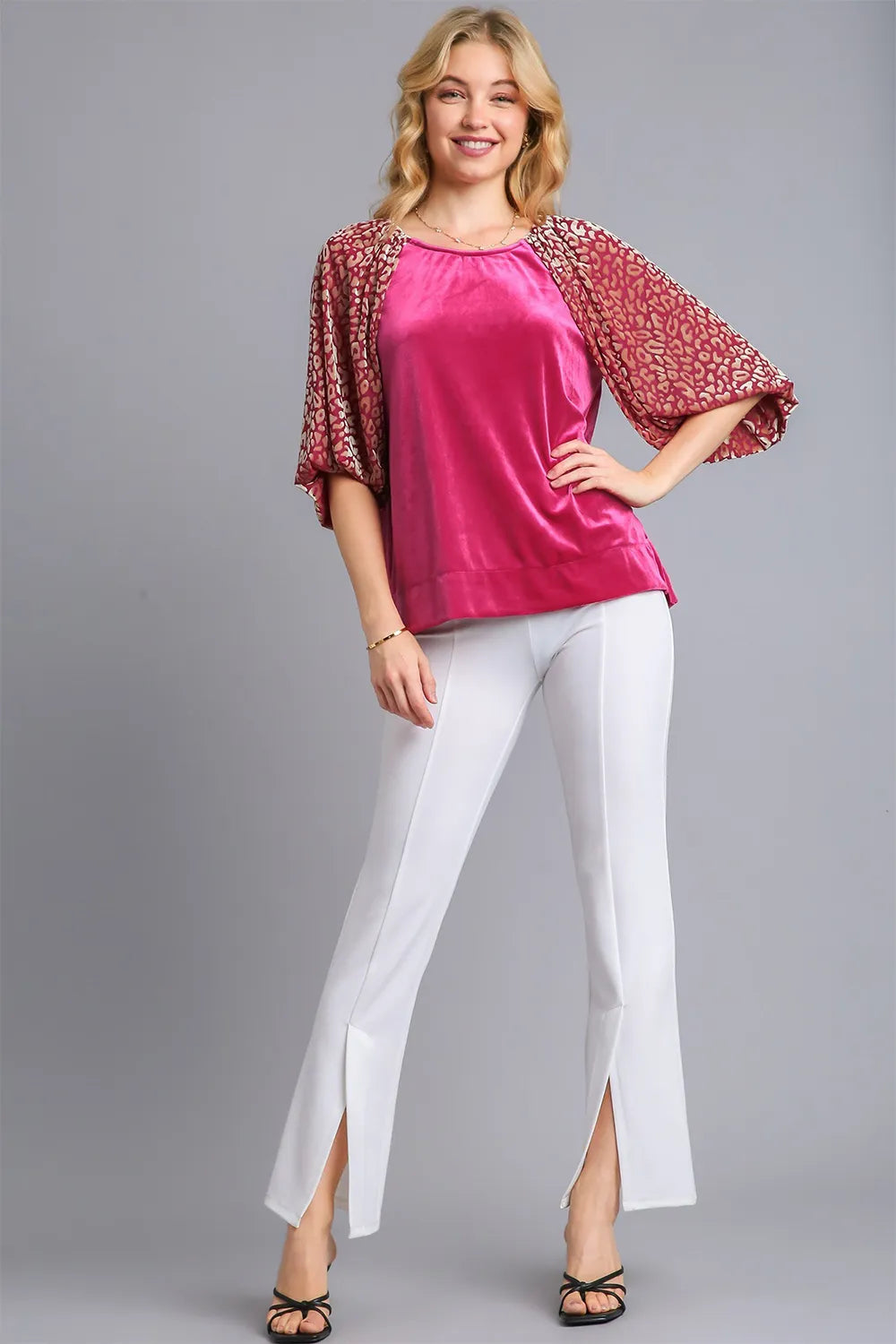 Umgee Round Neck Leopard Balloon Sleeve Velvet Top a16030db-b384-4867-8ab1-e29b64fd008d-Max