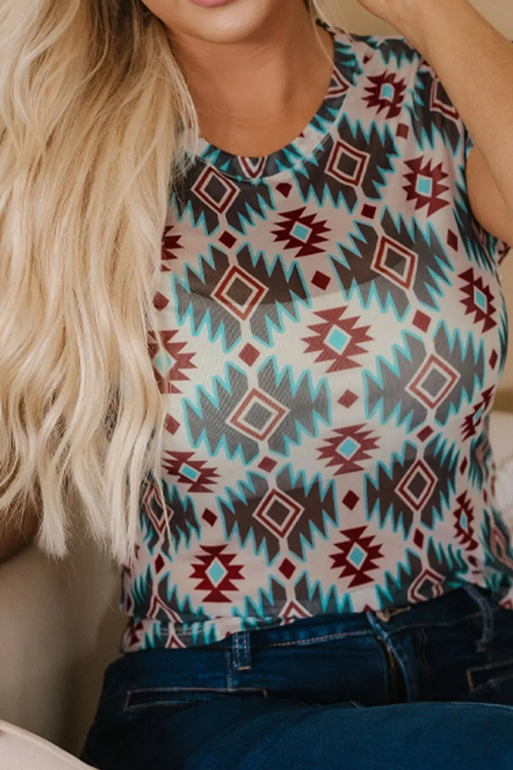 Western Aztec Print Mesh Slim T Shirt a1617130-063a-423a-9765-50b52fba106a-Max-Origin