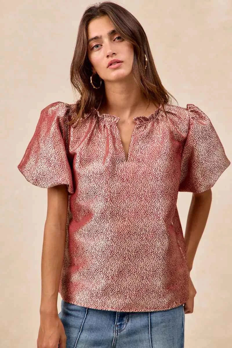 BiBi Jacquard Woven Short Balloon Sleeves V Neck Top RED a167e4afc7824063a99b3e22827001ab-Max-Origin