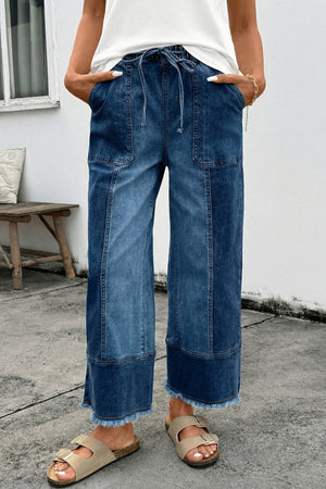 Prussian Blue Drawstring Seam Detail Raw Hem Wide Leg Denim Pants Prussian Blue 75%Cotton+23%Polyester+2%Elastane a16921f949cf3037