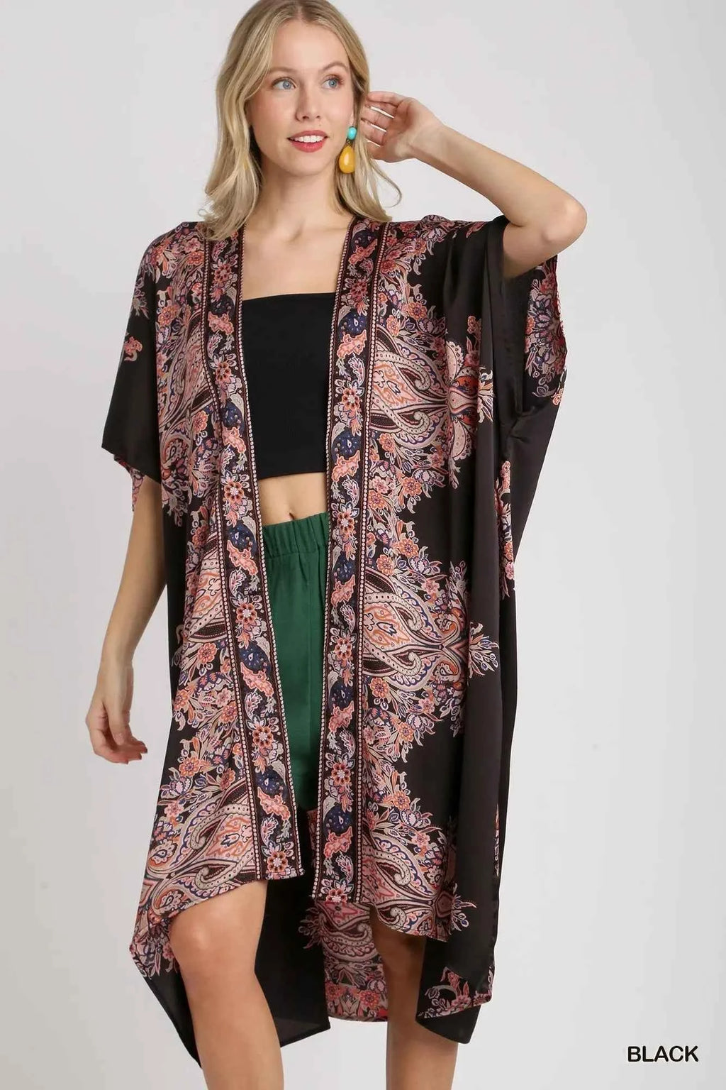 Umgee Satin Border Print Short Sleeve Open Front Kimono Black a1693330-4d7a-4822-87e4-68cc0e9b4aa5-Max-Origin