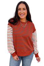 Orange Stripe Contrast Sleeve Patchwork Drop Shoulder Long Sleeve Sweatshirt a16c8d3b430d3ec7