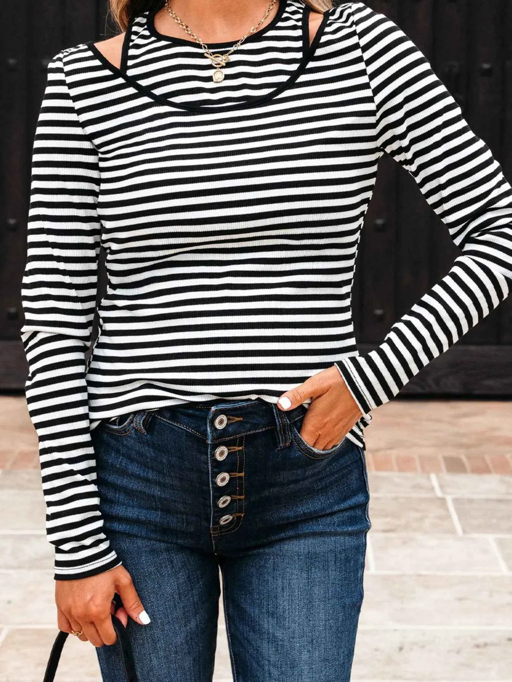 Stripe Double-layer Cold Shoulder Long Sleeve Top a16d7d22-8d47-47ba-985d-62045274de0f-Max-Origin