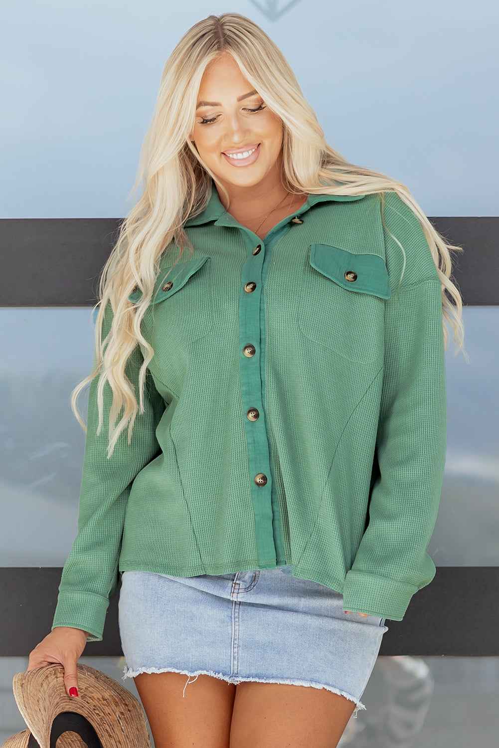 Grass Green Waffle Knit Vintage Patchwork Button Up Loose Shirt a1704839afceab18