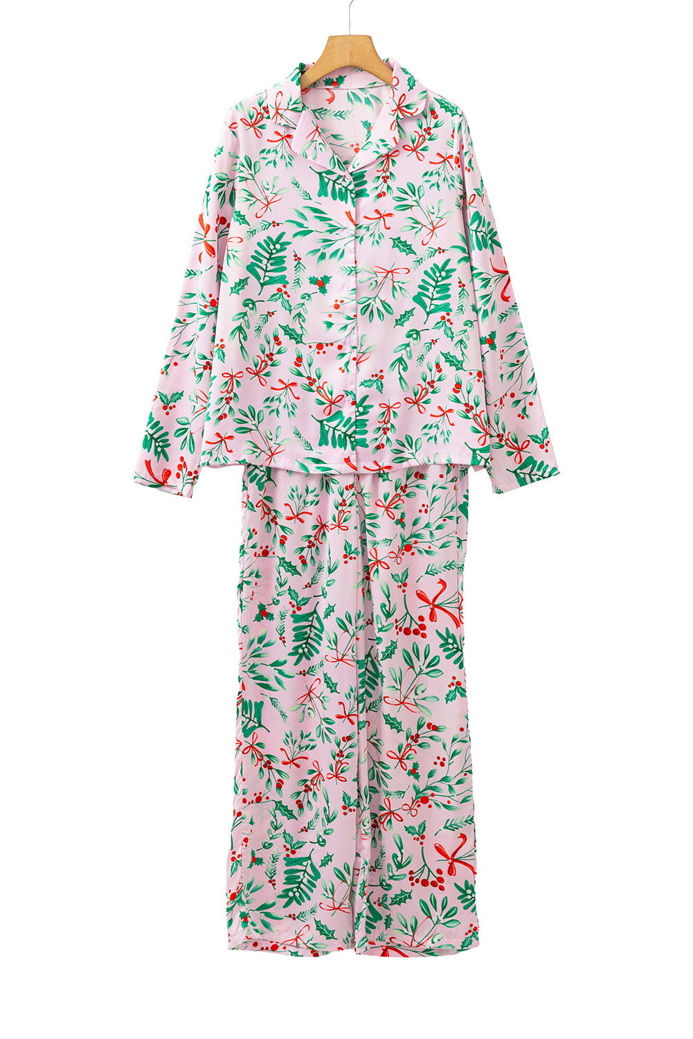 Pink Christmas Print Plush Edge Collar Shirt Pants Pajama Set a1748bf7dcb748bf