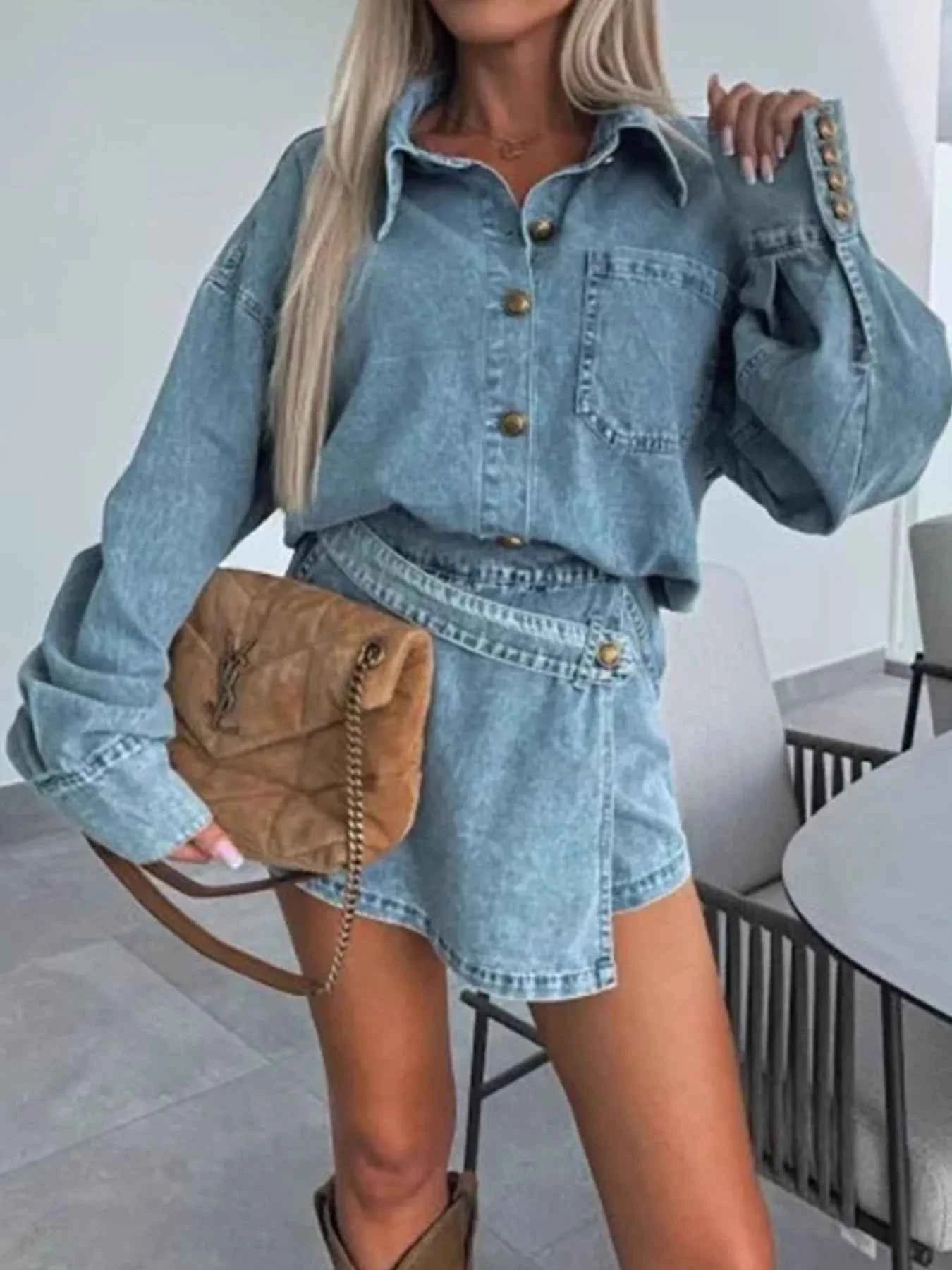 Button-Front Shirt and Mini Skirt Oversized Denim Set a1761aa8-b7b5-4413-a5a2-d1a6472200bb-Max-Origin