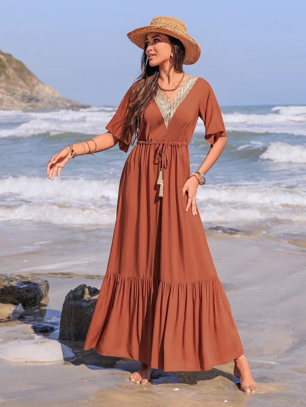 Ruffled Tassel V-Neck Flutter Sleeve Dress Terracotta a179a243-f3d8-4047-b104-82fabfef1456-Max
