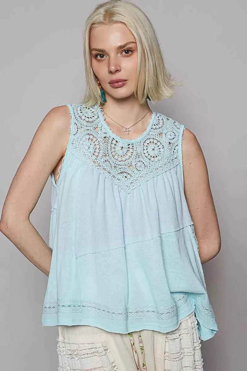 Round Neck Sleeveless Top with Crochet Contrast SODA CANDY a179ccec-11a9-48c0-9172-161c47afa239-Max-Origin