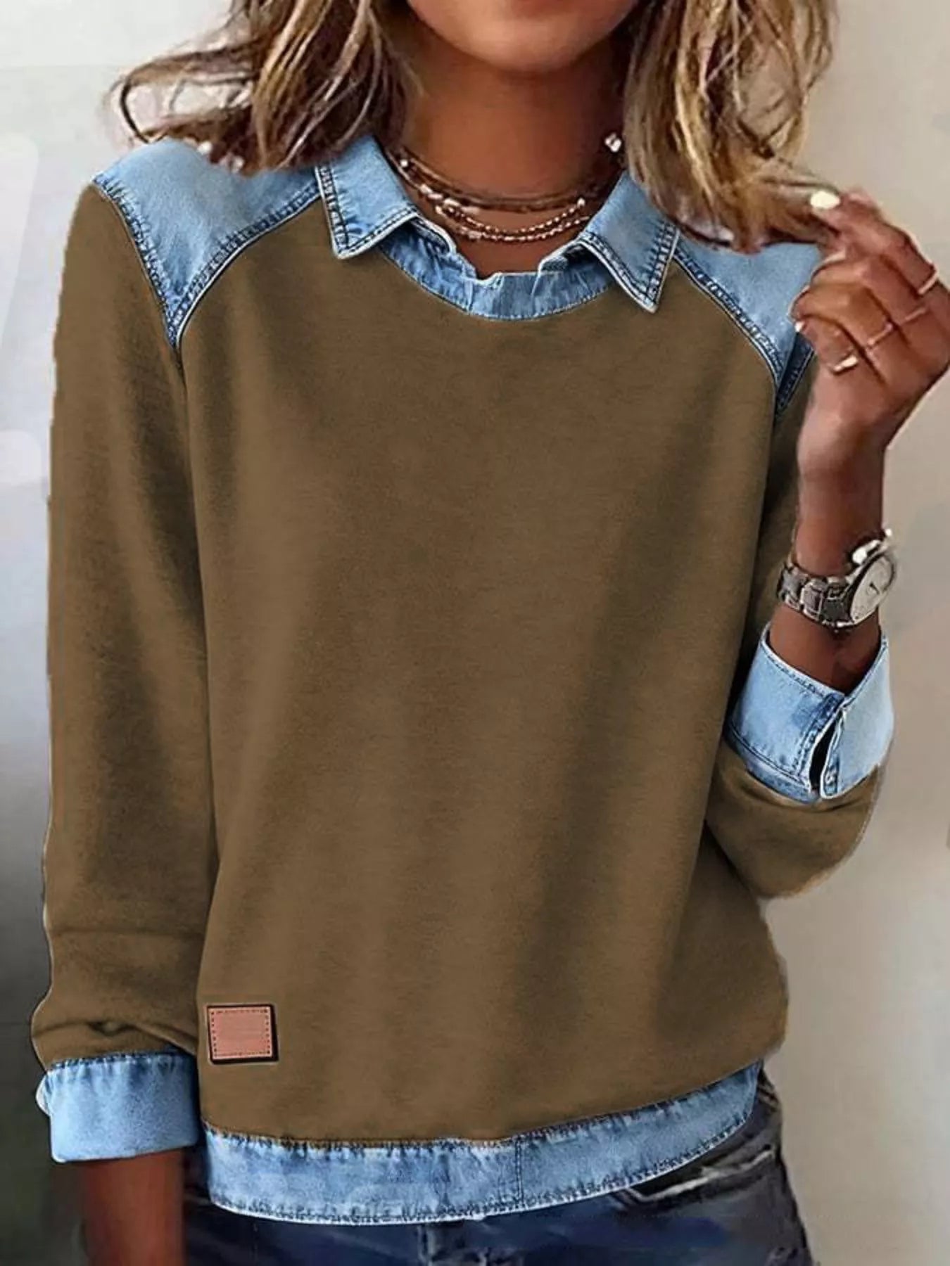 Full Size Denim Trim Long Sleeve Top Plus Size Yellow Coffee Color a179d033733642ceb9f6c48a99a16004-Max-Origin