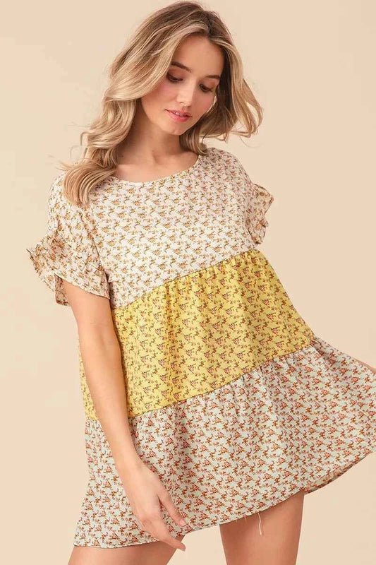 Flroal Printed Woven Color Block and Tiered Top LT YELLOW LT SAGE a179f0ae3120472c8f13f24cef5cc7b1-Max-Origin