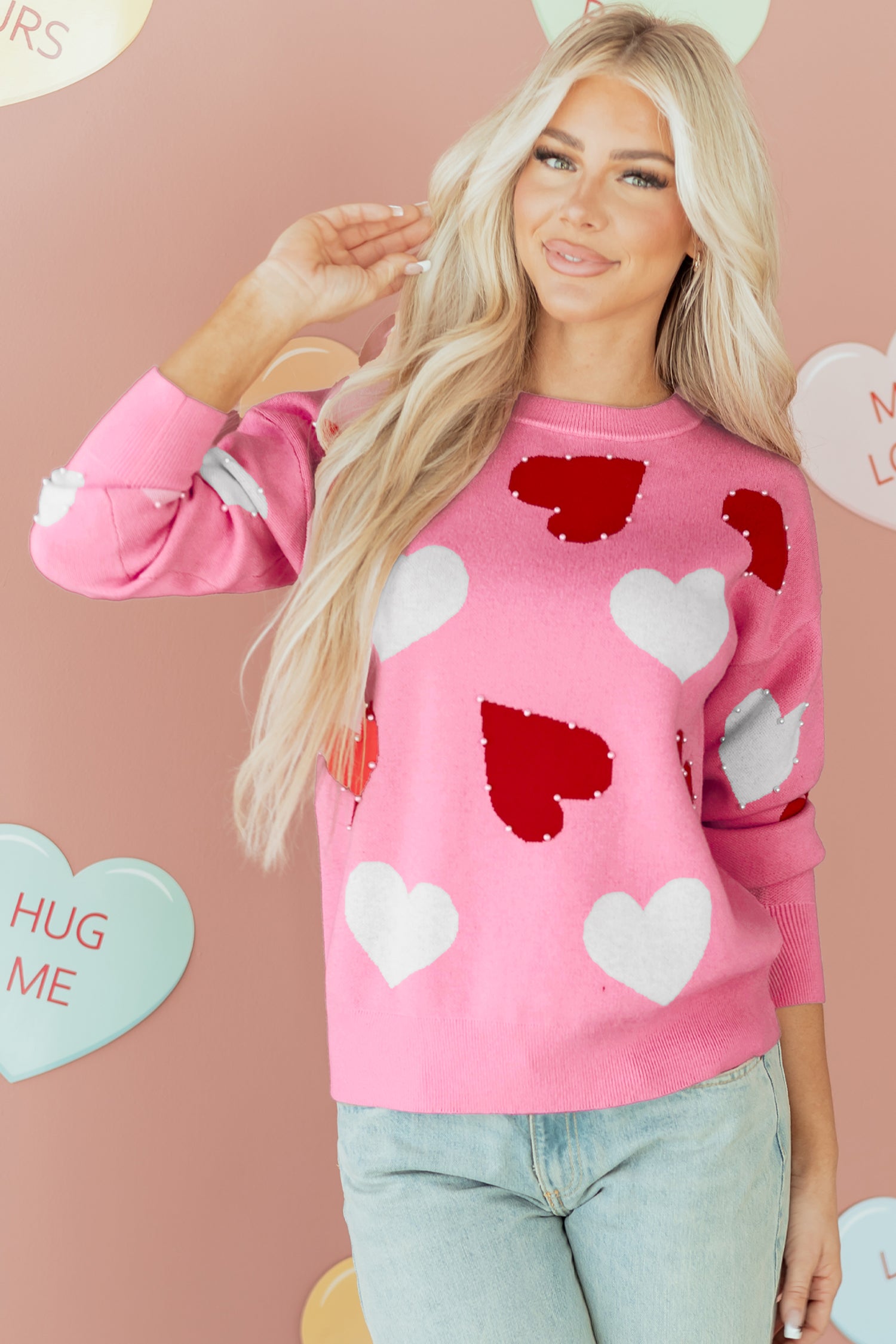 Pink Pearl Embellished Heart Pattern Valentines Day Sweater a17b04f57464b326