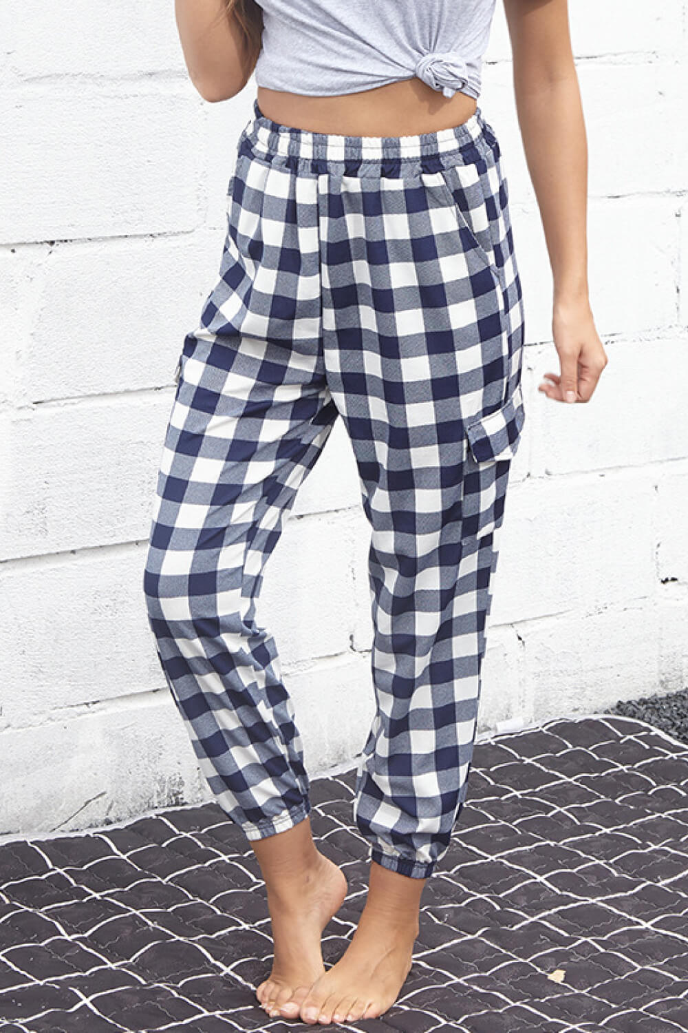 Perfee Plaid Elastic High Waist Cargo Pants Gray a17d66bf34d741d68c64be176156baf7-Max