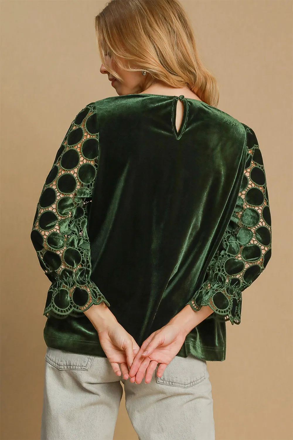 Umgee Polka Dot Lace Long Sleeve Round Neck Blouse a17e2351-b136-431b-9ad7-6fedfe8a22a1-Max