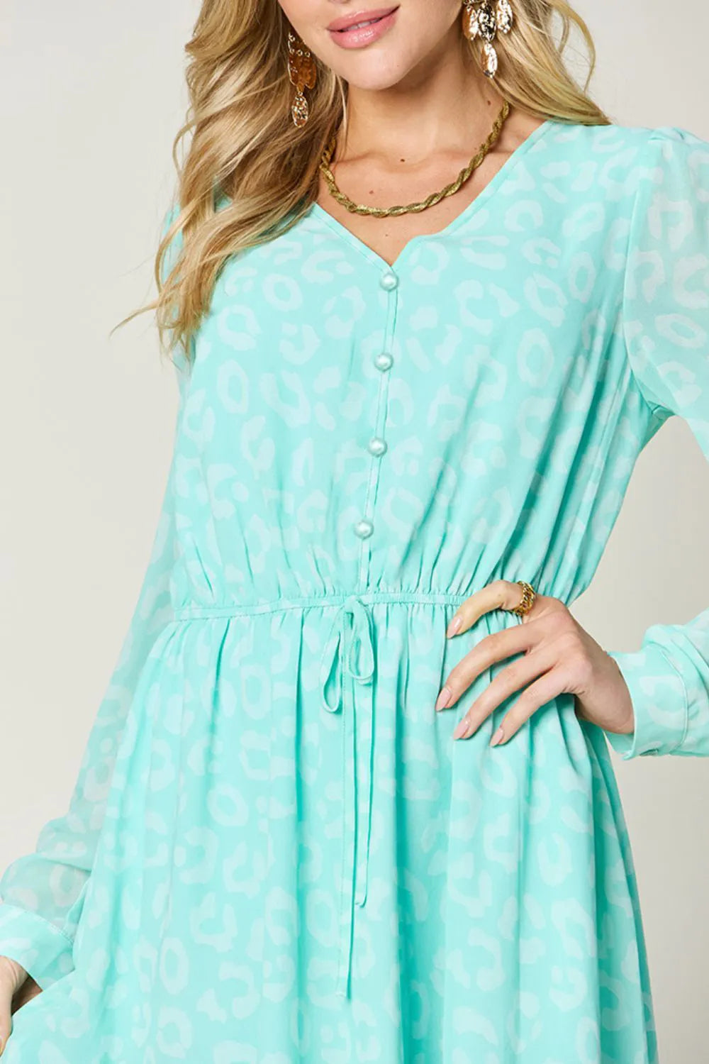 Double Take Full Size Printed Ruched V-Neck Long Sleeve Dress a17f7aa3-b73d-400b-ba06-ce7e9afd0511-Max