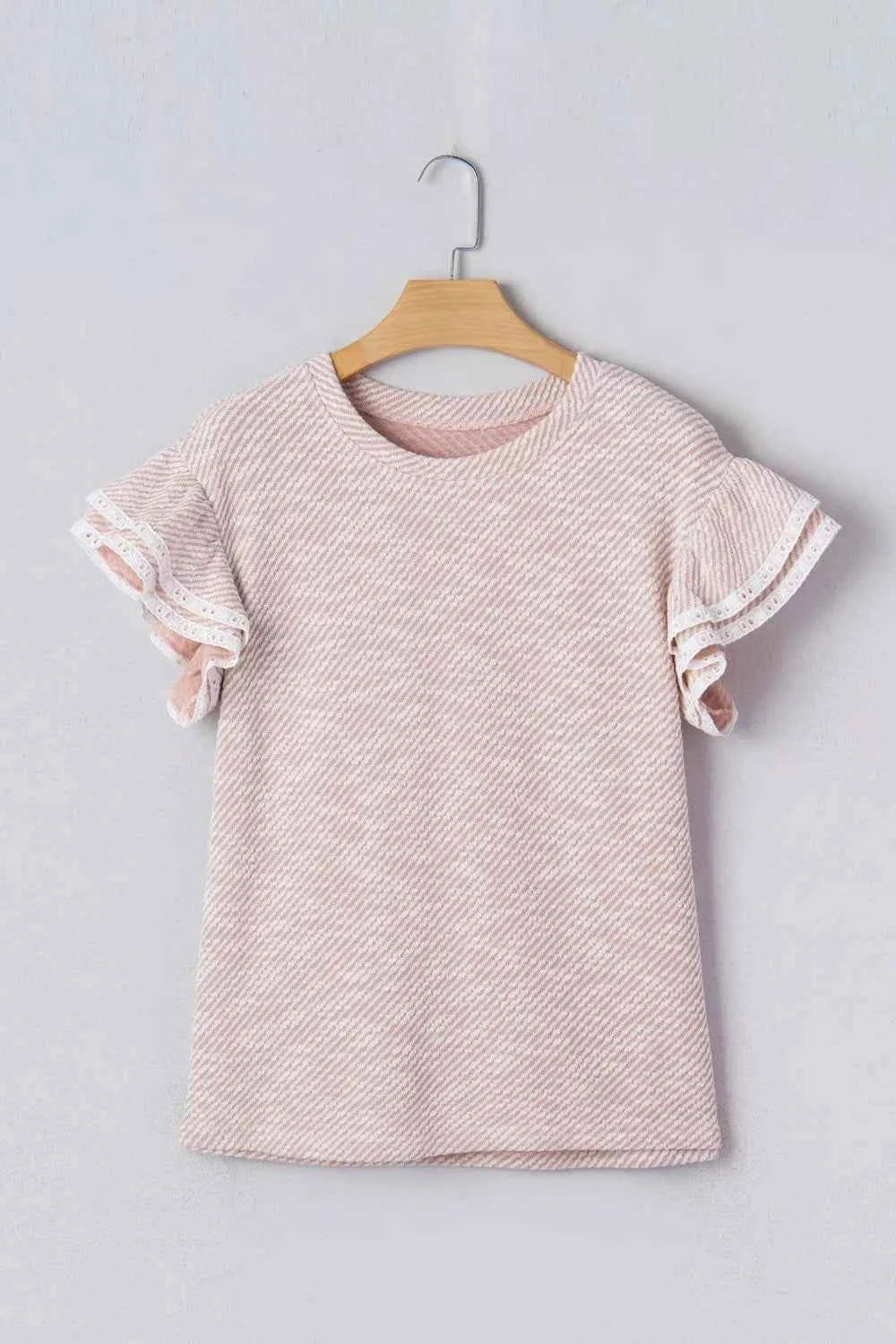 Twilled Print Lace Trim Ruffled Short Sleeve Blouse a180510f-7b86-4b01-a5ce-a181d9758124-Max-Origin