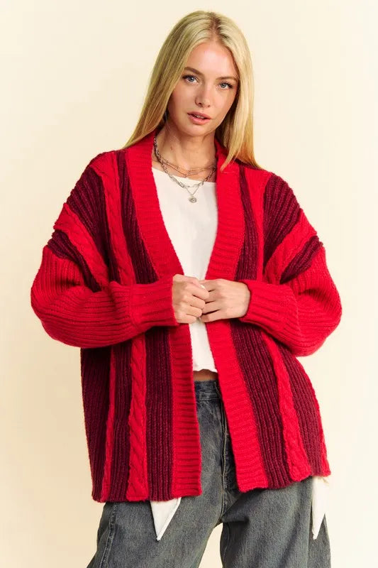 Davi & Dani Cable-Knit Color Block Open Front Cardigan Burgundy a184967c-27c0-4f02-a2f7-431b23a2bf24-Max