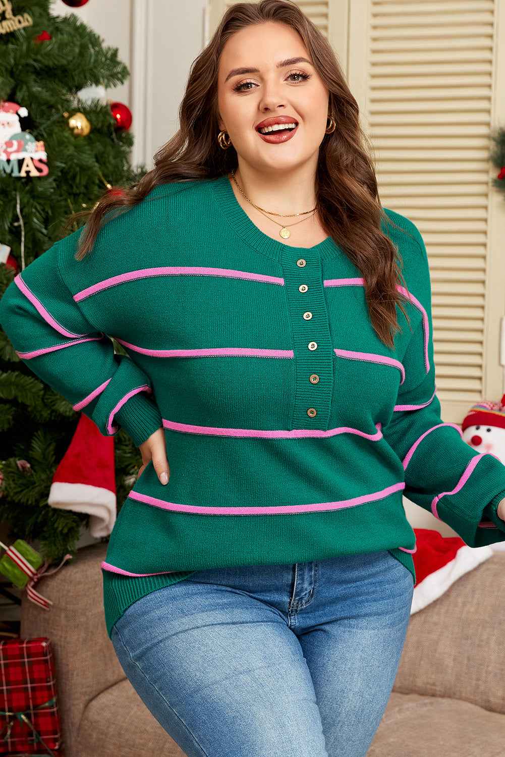 Green Stripe Half Buttons Drop Shoulder Plus Size Sweater a188832bc95eebd2