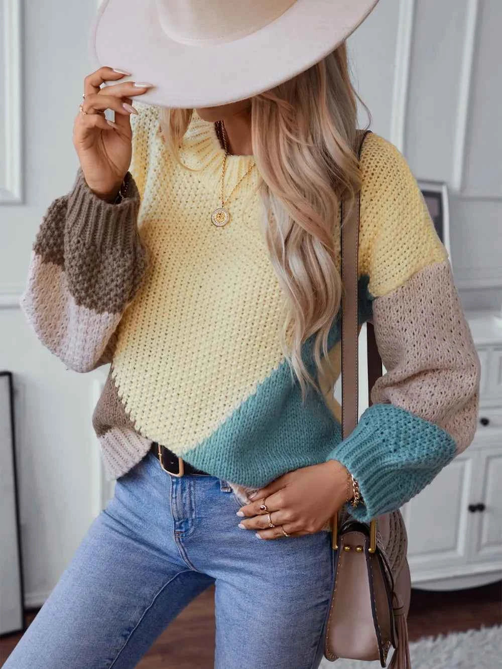 Color Block Round Neck Dropped Shoulder Sweater a18a237b-ca9d-4307-bc99-becbaa93d37a-Max