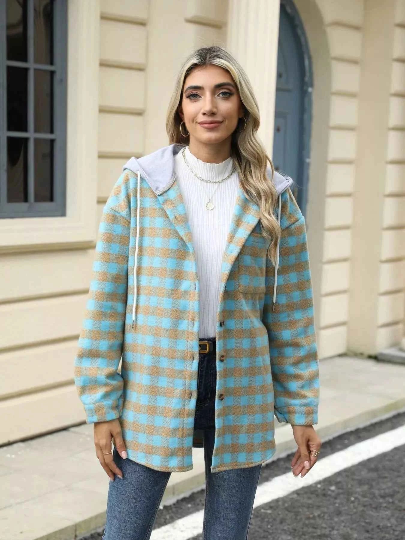 Plaid Button Up Long Sleeve Drawstring Hooded Jacket a18e69ec4e294ce0bb721cf5ea12f635-Max-Origin