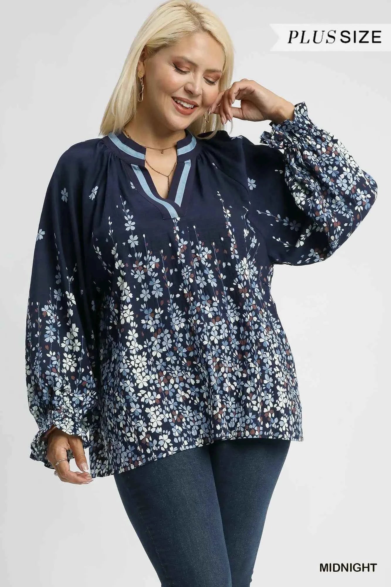 Umgee Full Size Floral Vine Print Blouse with Balloon Sleeves Plus Size a1927fec-e063-4a78-8819-2825adee9dde-Max-Origin