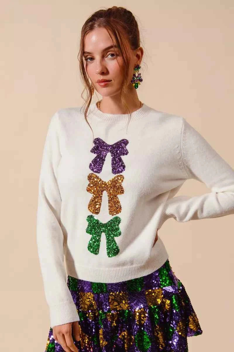 SO ME Mardi Gras Sequins Bow Ribbon Embellished Sweater a194c2218aca4b3ca307b2bcc8d6d4f7-Max-Origin