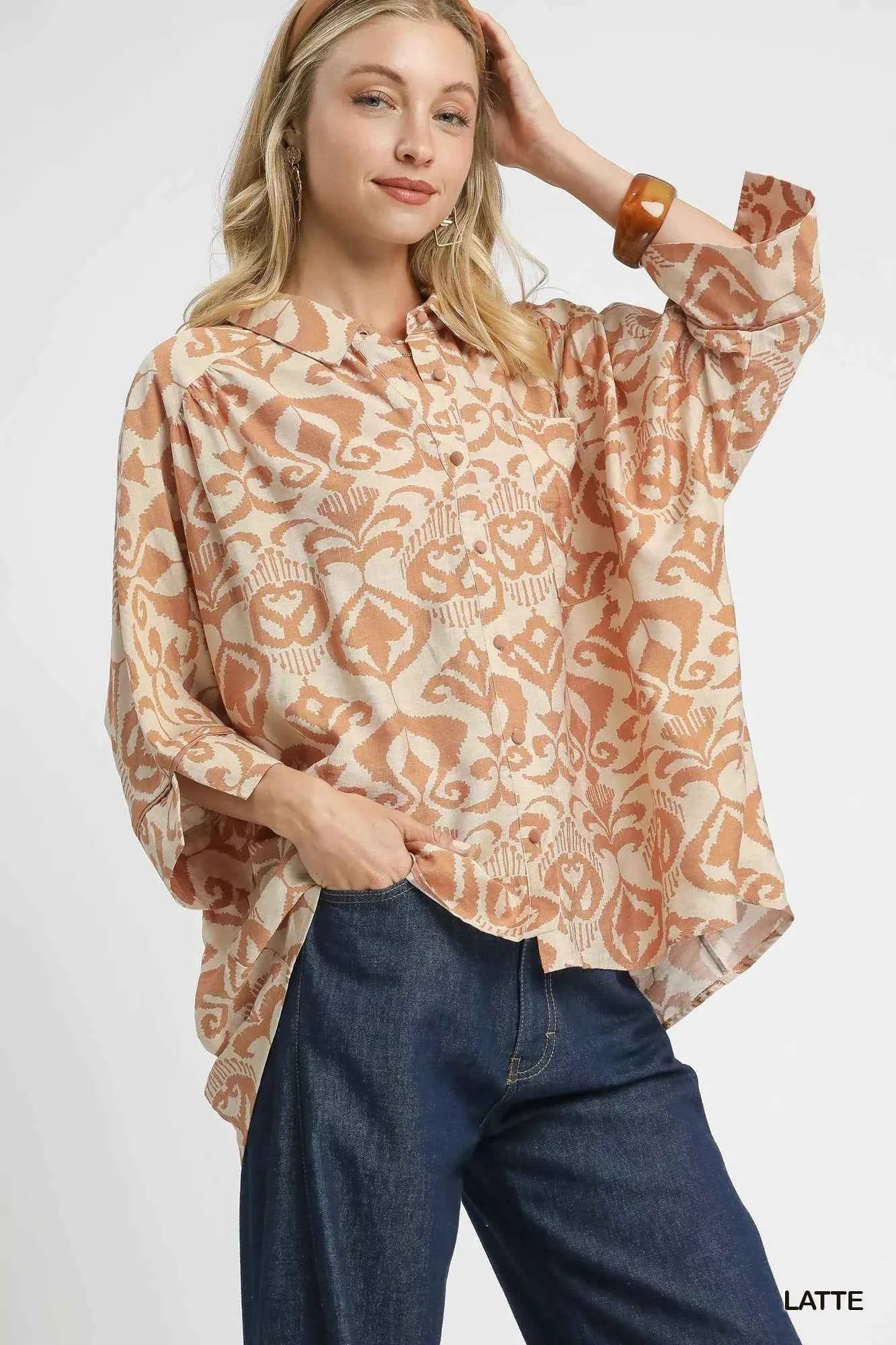 Umgee Abstract Print Button-Up Oversized Shirt a19ade48-f24c-4bec-a2e7-49f17069b5e2-Max-Origin