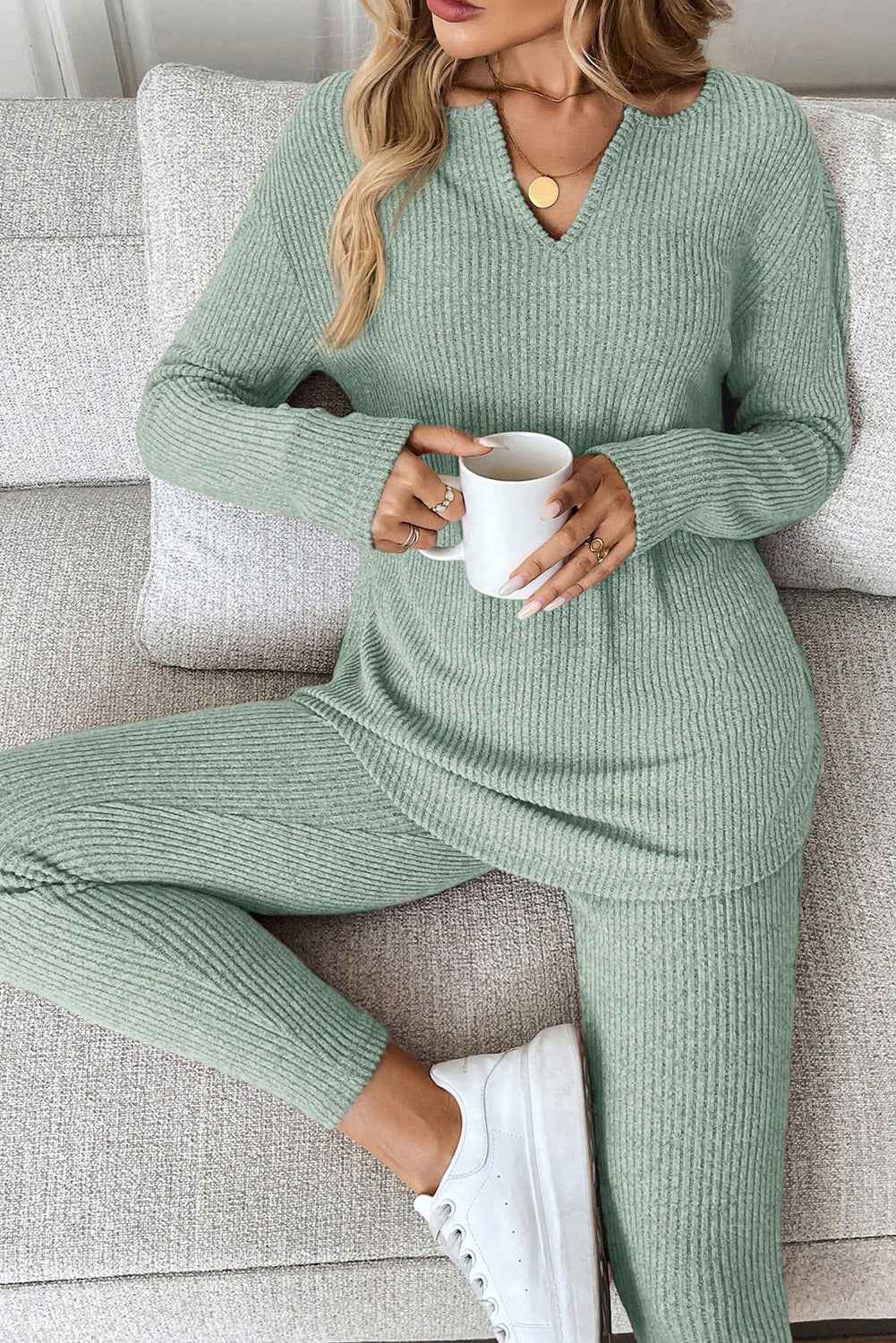 Racing Red Ribbed Notched Neck Knit Long Sleeve Leggings Two Pieces Lounge Set Grass Green 95%Polyester+5%Elastane a1a46a0c31c93045