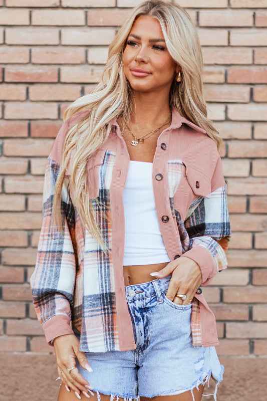 Plaid Corduroy Patchwork Pocketed Shacket a1a4fc78-784b-4a67-8e32-44623e223176