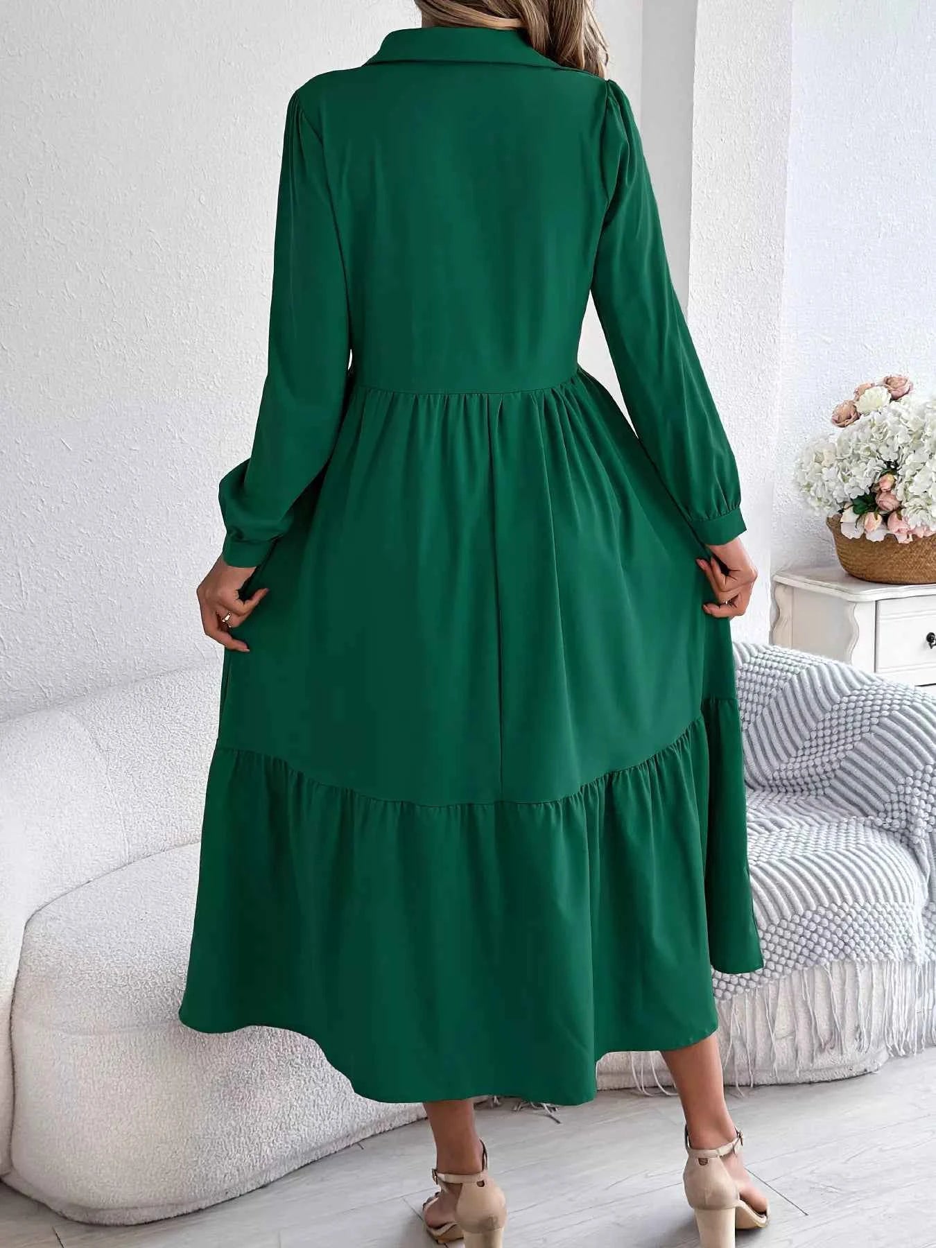 Long Sleeve Tiered Button Front Midi Dress a1a8533e35384b77bf73da907f219691-Max-Origin