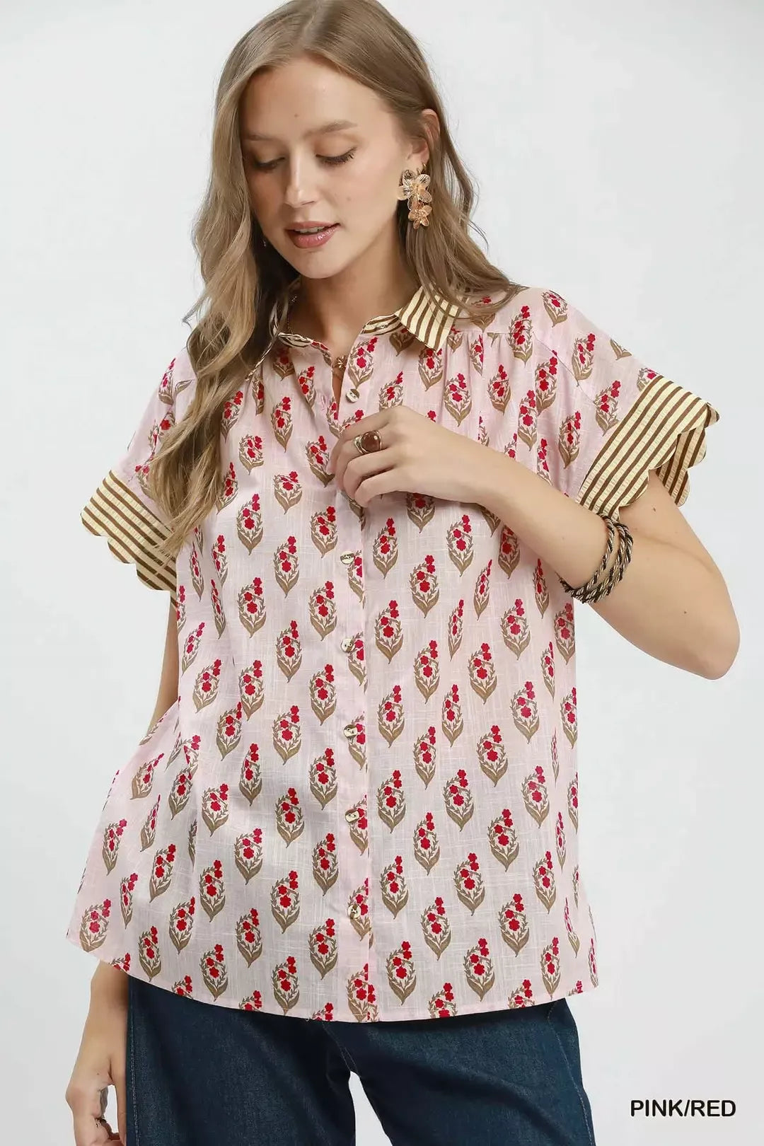 Block Print Button-Front Shirt with Contrast Stripe Point Collar PINK RED a1ae2493-96d3-431e-b976-1dbc9ec283af-Max-Origin