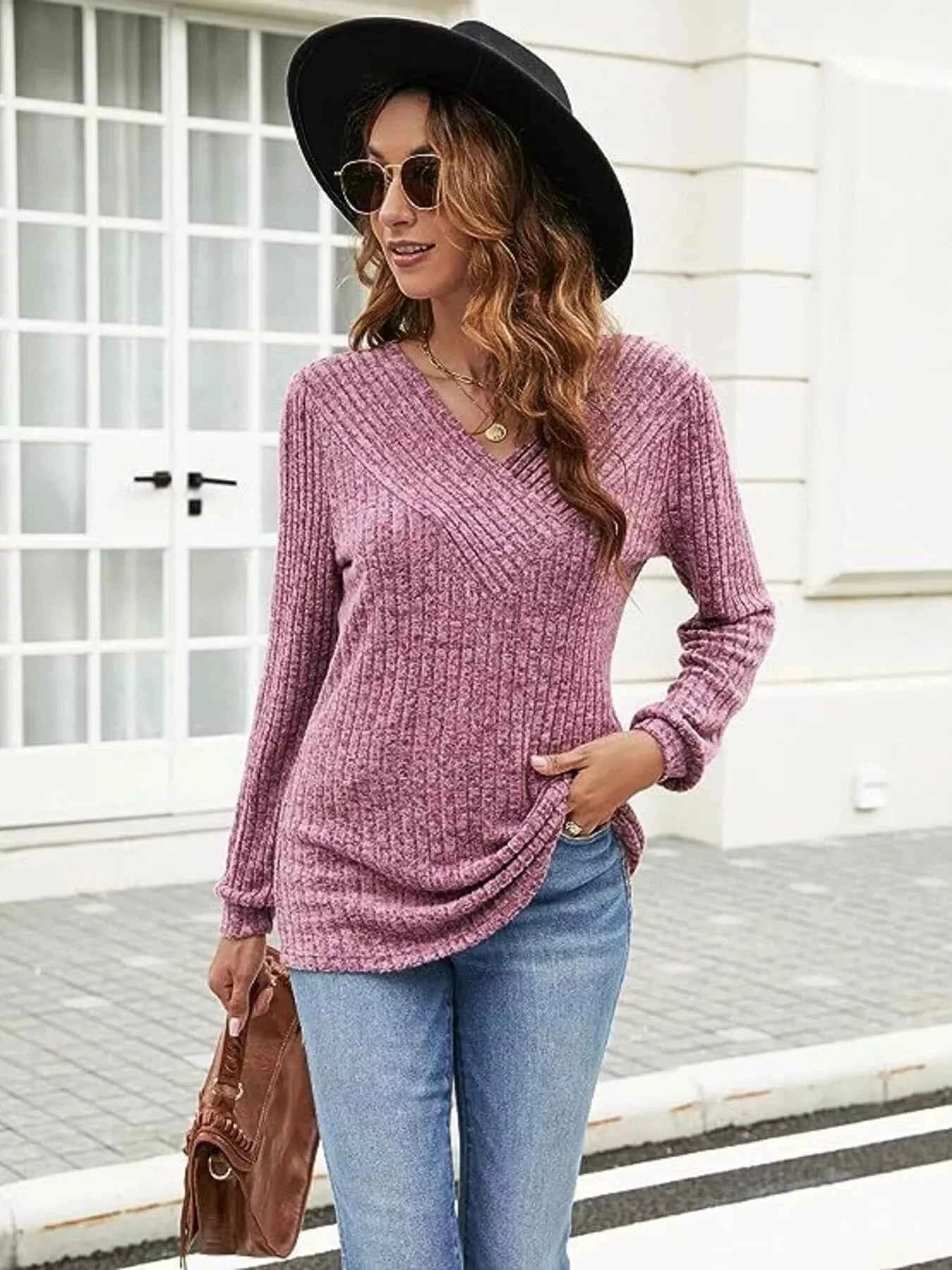 V-Neck Ribbed Long Sleeve Knit Top Dark Pink a1af580c2e5f43938e96bdb617011663-Max-Origin