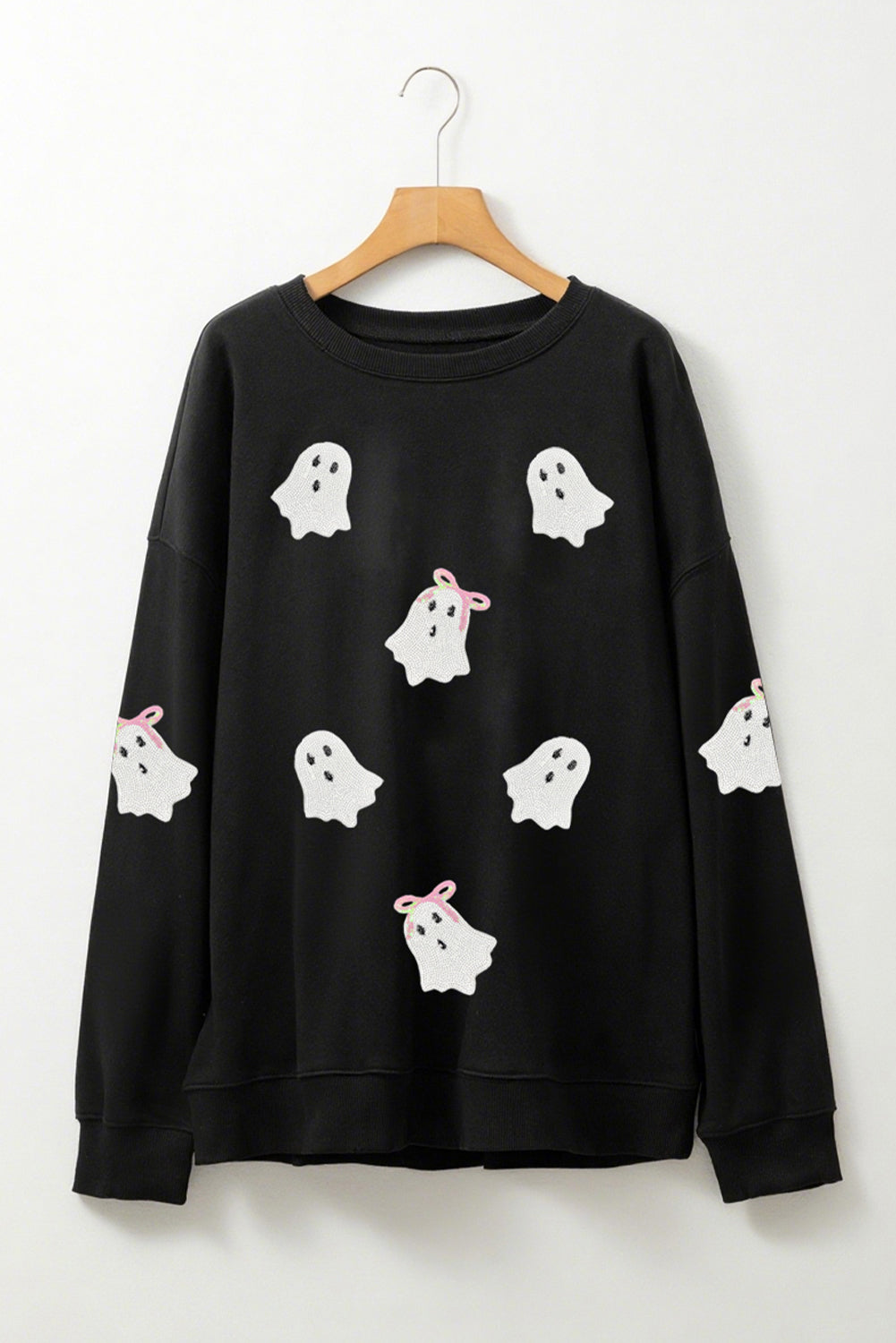 Black Cute Bow Ghost Sequins Patch Graphic Crew Neck Halloween Sweatshirt a1af68204e3e48bb