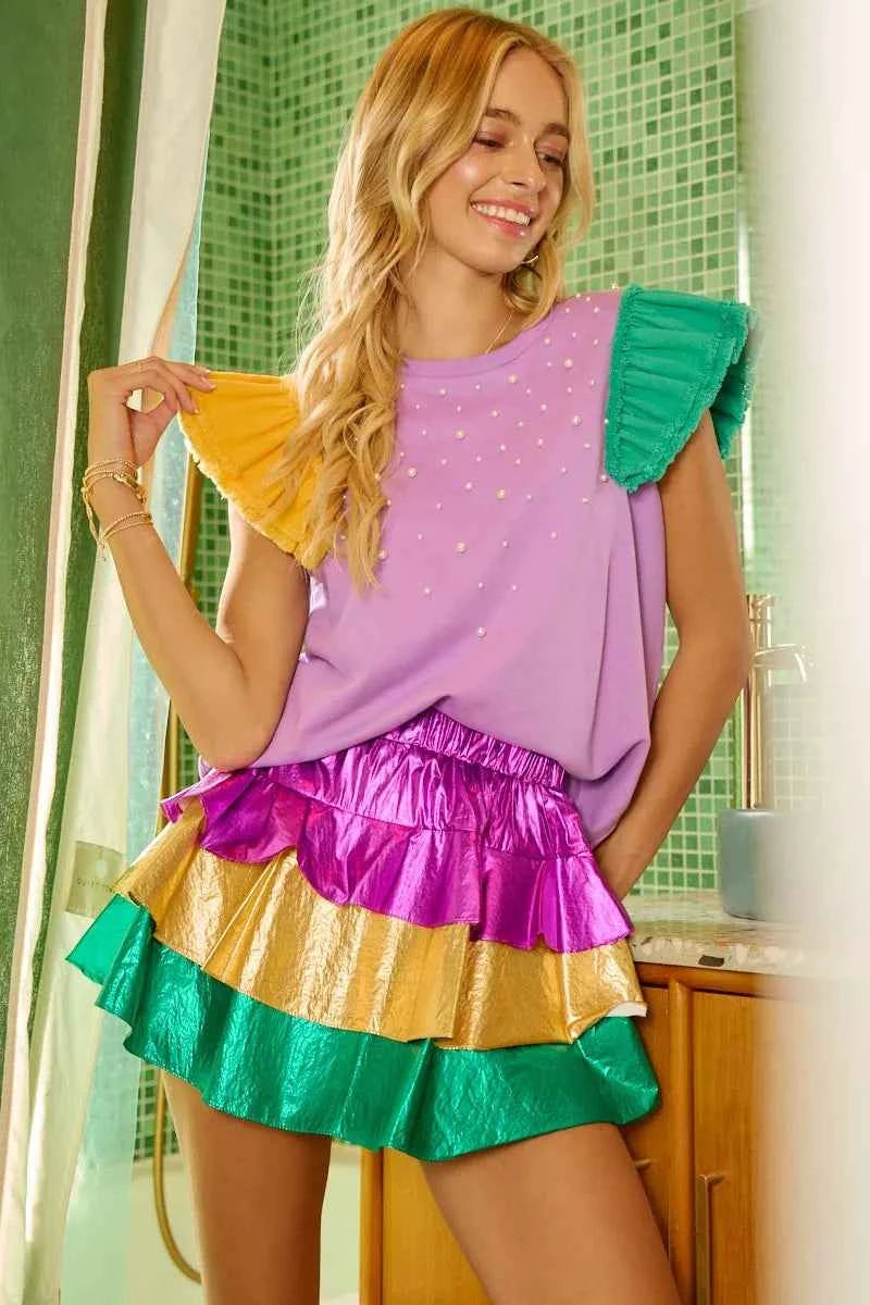 Mardigras Theme Frayed Edge Ruffled Top PURPLE MUSTARD GREEN a1b192deec20497eafd7ca582493b7f6-Max-Origin