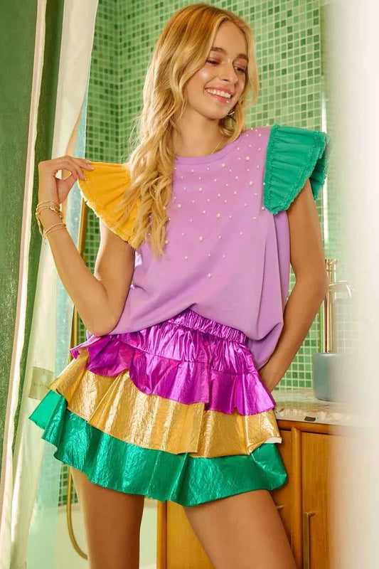 Mardigras Theme Frayed Edge Ruffled Top PURPLE MUSTARD GREEN a1b192deec20497eafd7ca582493b7f6-Max-Origin