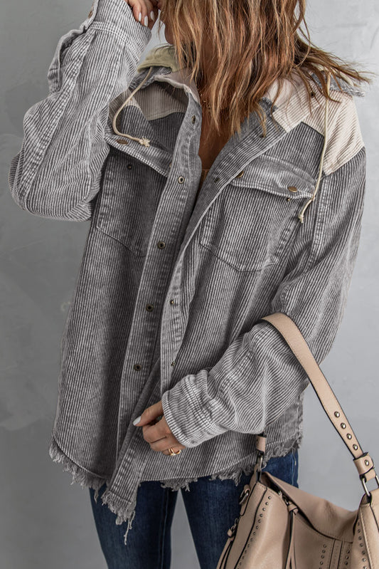 Gray Color Block Button Down Hooded Corduroy Jacket a1b27f2205539530