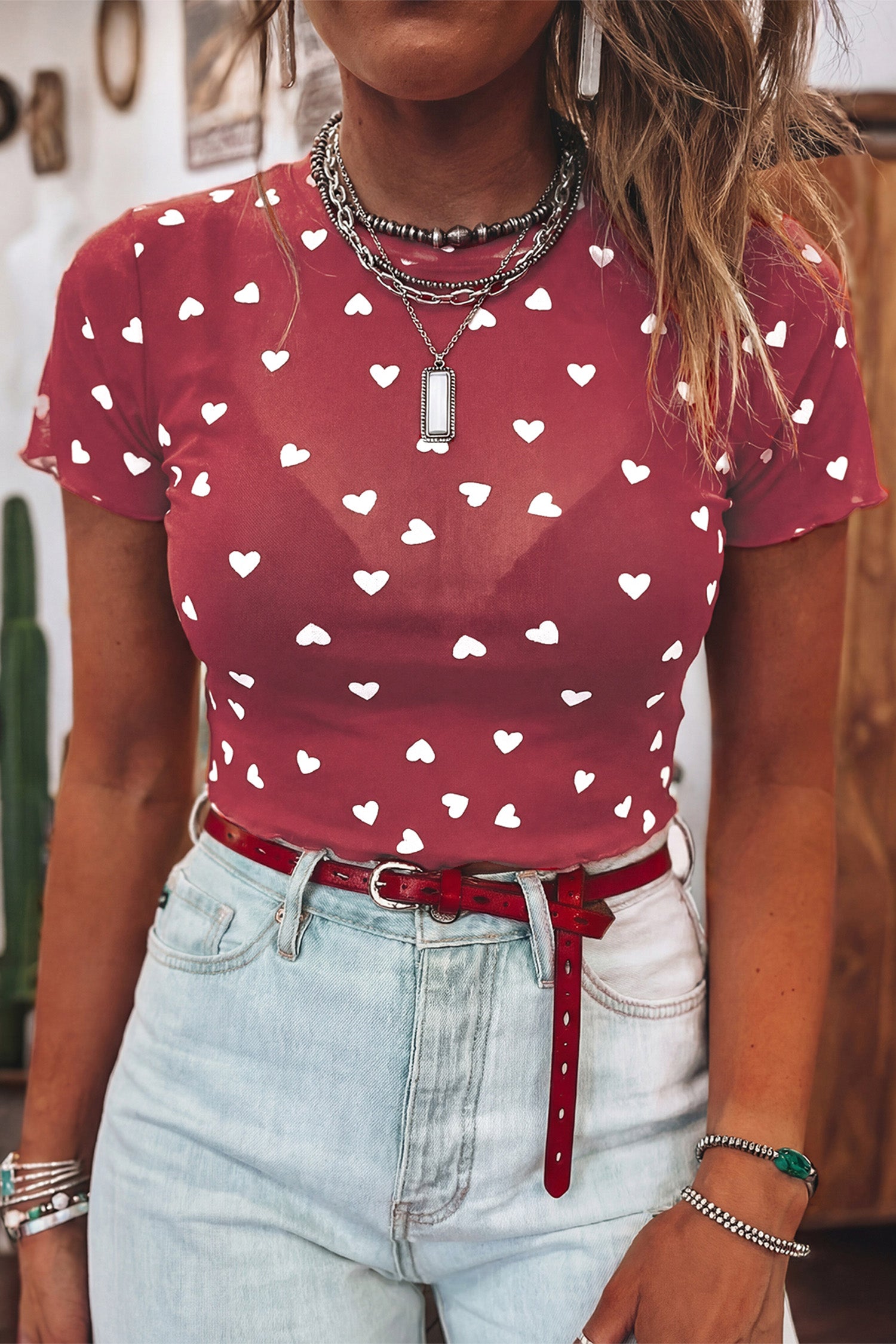 Racing Red Allover Heart Print Mesh Short Sleeve Top Racing Red 95%Polyester+5%Elastane a1b2ff39111d5113