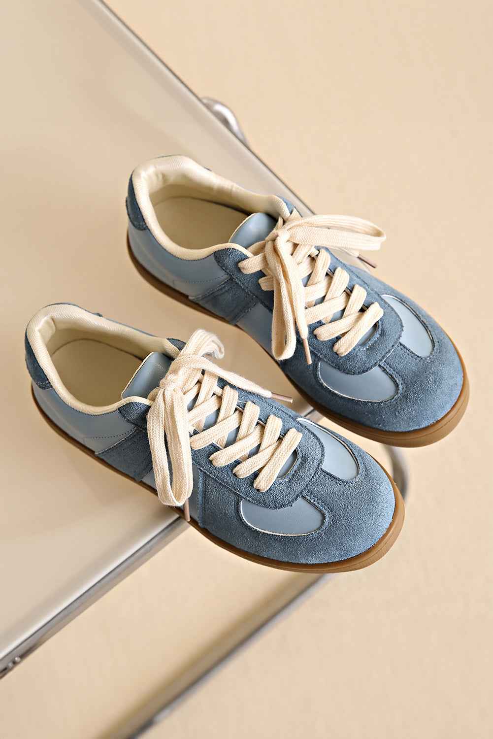 Dusk Blue Two Tone Suede Patched Lace Up Sneakers a1b8f84d4e5fd57d
